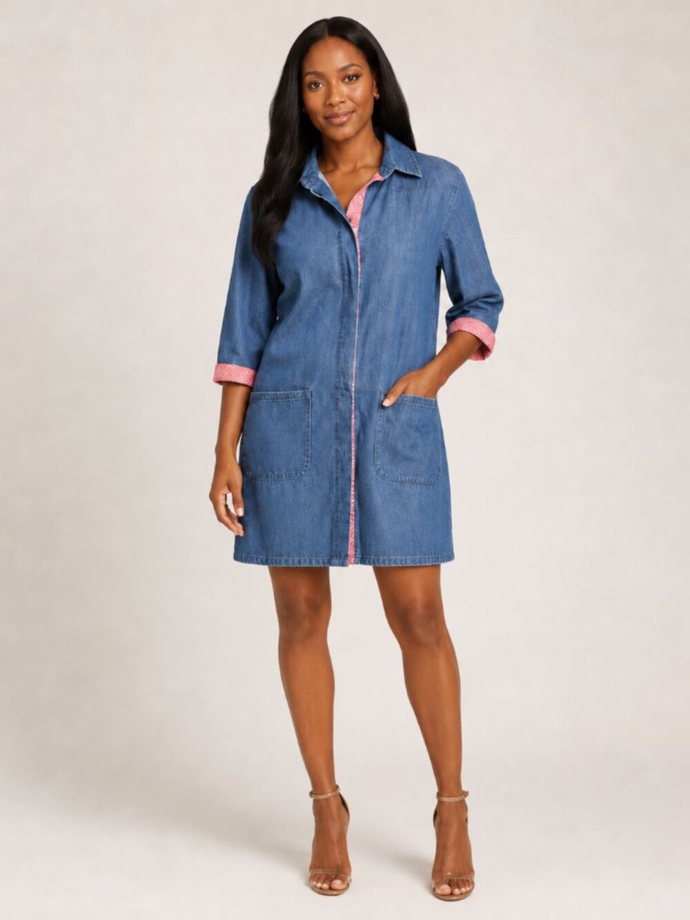 Style Studio Denim Hidden Button Patch Pocket Red Gingham Detail Dress Sz M